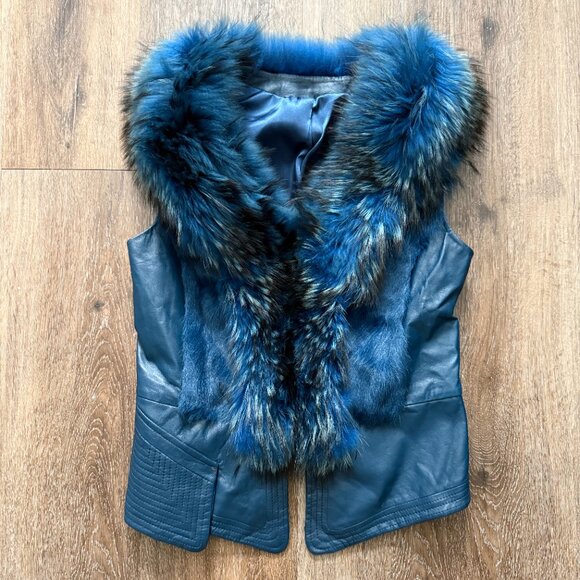 NWOT Blue Leather Vest Real Fox Fur M size - Picture 6 of 15